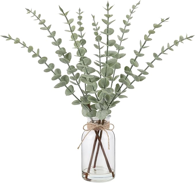 Bessol Tallos de eucalipto artificiales en jarrón de vidrio con agua sintética, plantas falsas de 15.75 pulgadas para decoración del hogar, centros de mesa de café, oficina, baño y bodas de granja