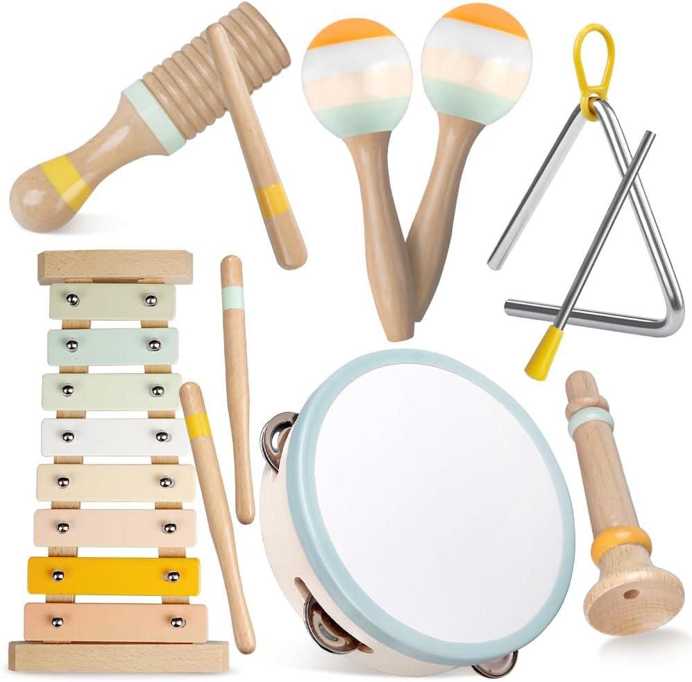Instrumentos musicales para bebés - Juguetes de madera Montessori para niños pequeños, juego de instrumentos de percusión en colores neutros con xilófono bohemio moderno para niños en edad preescolar (neutro)
