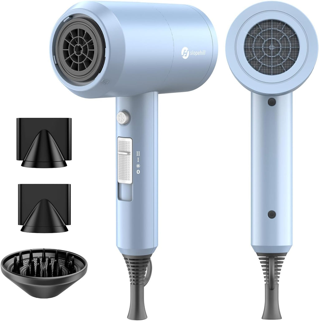Secador de pelo iónico profesional Slopehill, potente, de 1800 W, de secado rápido y bajo nivel de ruido, con 2 boquillas concentradoras y 1 difusor para uso doméstico, profesional o de viaje (azul mate).