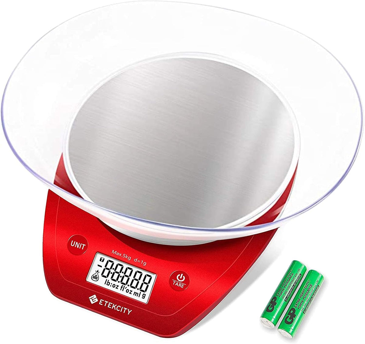 Etekcity Bascula de Cocina 0.1g | Balanza Digital de Alimentos con Bowl Gramos y Onzas para Dieta Reposteria 5kg Acero Inoxidable Roja