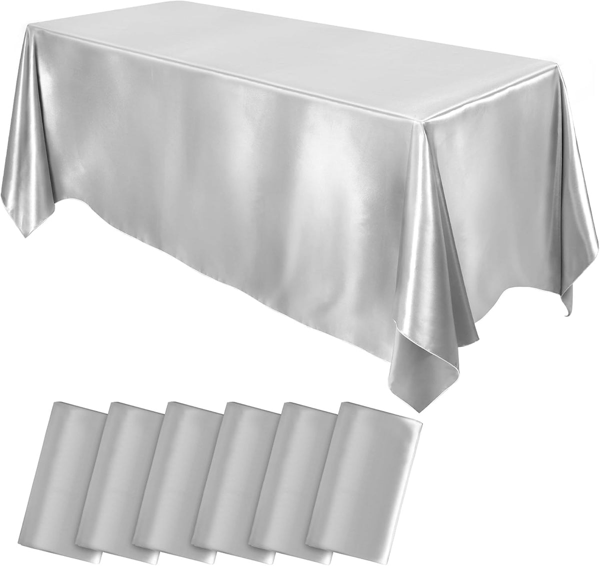 MCEAST Paquete de 6 manteles de satén rectangulares de 102 x 58 pulgadas, superposición de mesa, mantel de seda brillante, tela suave, decoración de mesa para bodas y banquetes (plateado)