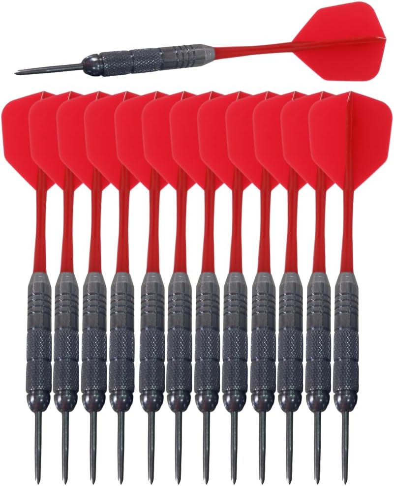 Juego de dardos con punta de acero| 12 dardos de barra; 12 aletas de plástico blando rojo; dardos divertidos perfectos para practicar el lanzamiento con punta de metal en la diana en la sala de juegos familiar (20 g, estilo barra, aleta-STC10448)