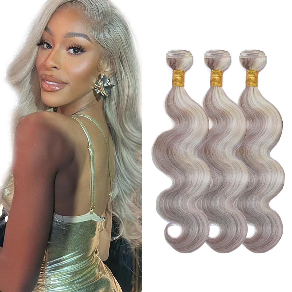Extensiones de cabello humano gris 613 Body Wave de 14, 16 y 18 pulgadas, cabello virgen brasileño suave y sedoso, doble trama, 2 tonos de gris mezclado con rubio.