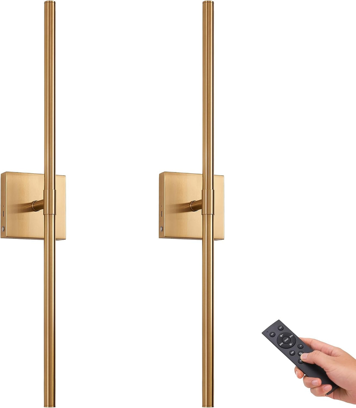 Apliques de Pared LED GWONER Pack 2 – 63.5cm Dorado, Recargables, Mando a Distancia, 3 Colores, Rotación 360° para Salón y Dormitorio