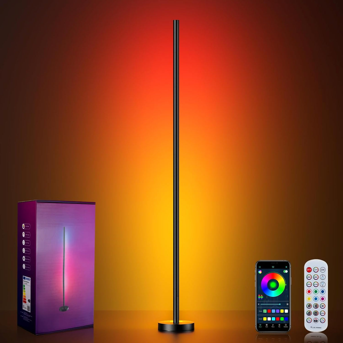 Lámpara de pie esquinera LED inteligente RGBICW de OIYN: 16 millones de colores personalizables, más de 68 escenas, sincronización con música, control por aplicación y mando a distancia, iluminación ambiental que cambia de color para salas de estar