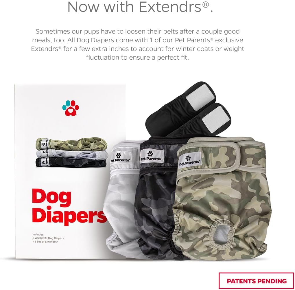 Pañales Lavables para Perros Pet Parents — Pack de 3, Talla Medium, Camo, Hembra y Macho + Extendrs