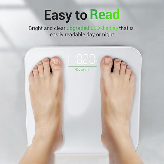 Balanza de baño Ovutek para pesar el cuerpo, báscula digital de alta precisión para personas, baterías mejoradas incluidas, tamaño compacto, pantalla LED, vidrio templado resistente de alta calidad, capacidad de 400 lb.