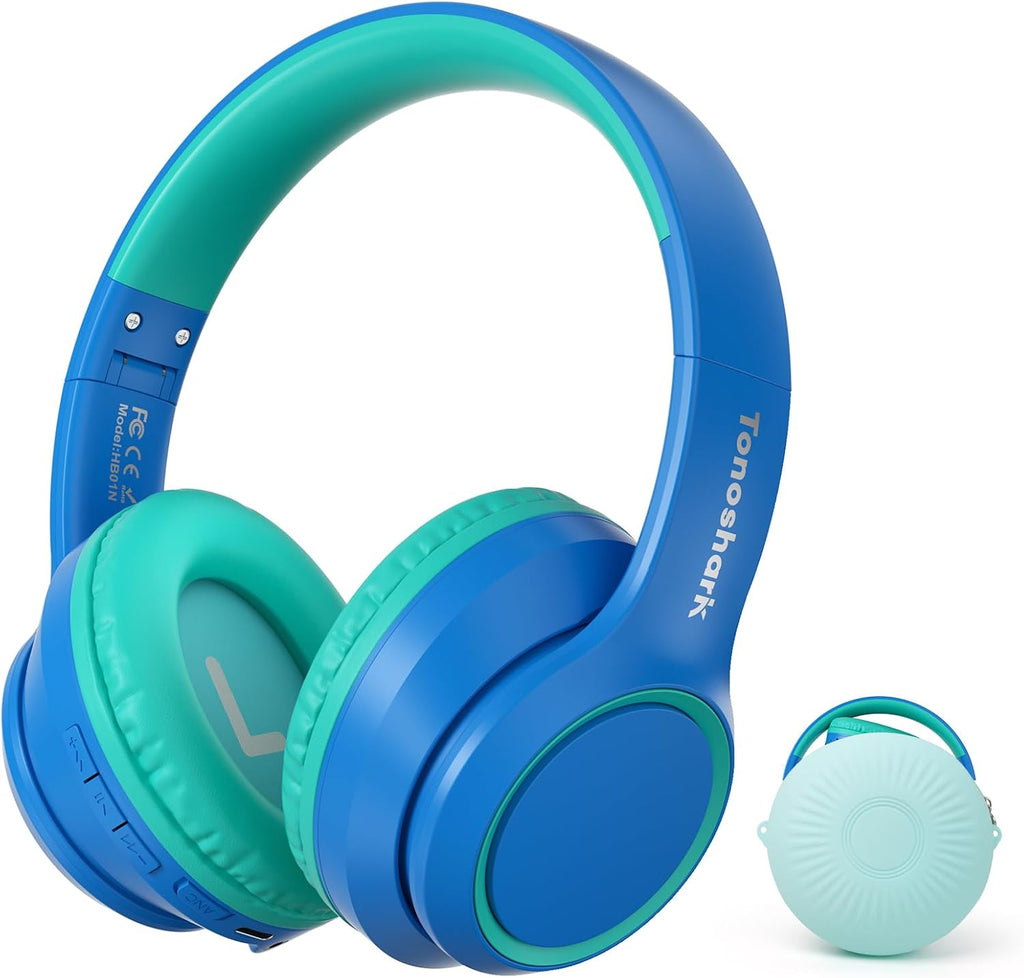Auriculares con cable TONOSHARK para niños con micrófono, volumen limitado a 85/94 dB, auriculares plegables con conector de 3,5 mm para la escuela y los viajes, incluye estuche portátil (morado).
