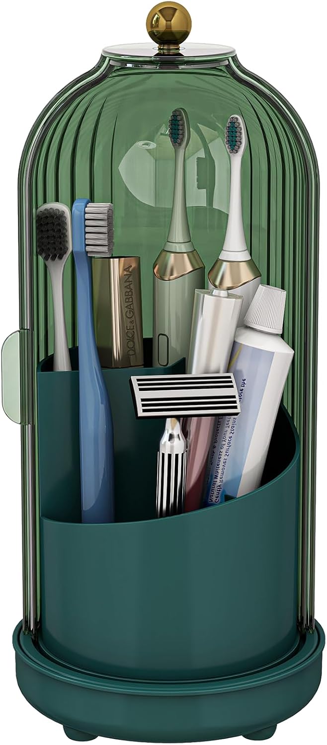 Drainable Toothbrush Toothpaste Holders with Cover, Green | Drainage Holes, Waterproof and Dustproof, 360° Rotating Base, Sliding Door, for Bathroom Counter