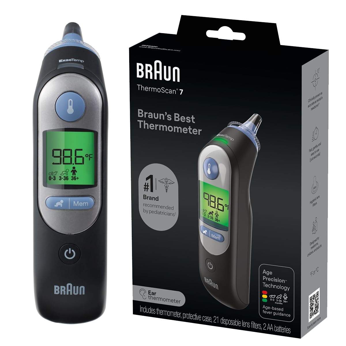 Termómetro Digital de Oído Braun ThermoScan 7 | Para Adultos, Bebés e Infantes | Guía de Fiebre Ajustada por Edad | Marca #1 Recomendada por Pediatras