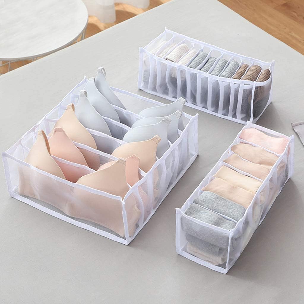 Organizador de Ropa Interior | Set 3 Piezas Plegable con Divisores | Cajas para Cajon de Sujetadores, Calcetines y Corbatas (Blanco)