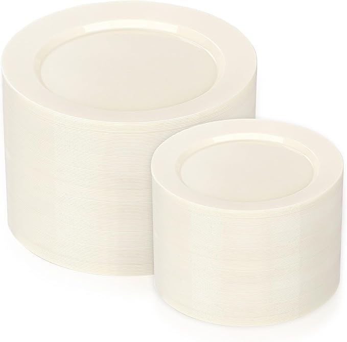 Platos Desechables de Plástico Marfil I00000 — 200 Piezas (100 Platos de Cena 10'' + 100 Platos de Postre 7'')