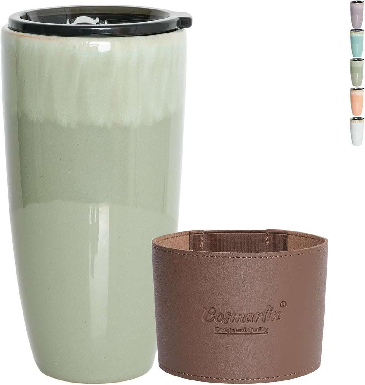 Bosmarlin Taza Viajera Café Cerámica con Tapa 621 ml Portátil Soporte Carro Segura Microondas Esmalte Reactivo Verde Pálido