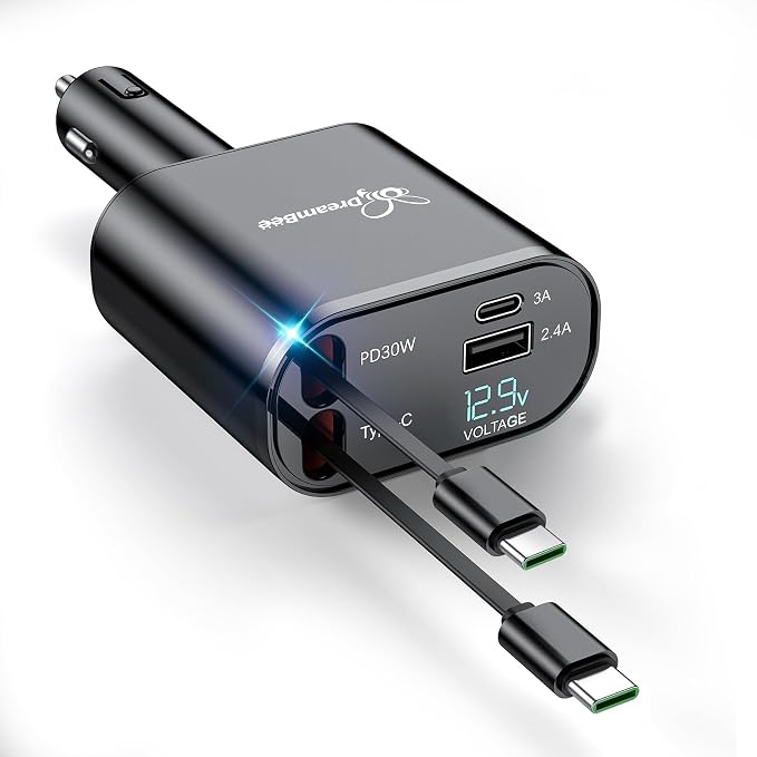 DreamBee Cargador retráctil para automóvil, cargador de teléfono USB para automóvil súper rápido de 66W, cables retráctiles dobles Tipo C, regalos para hombres y mujeres, accesorios para automóvil
