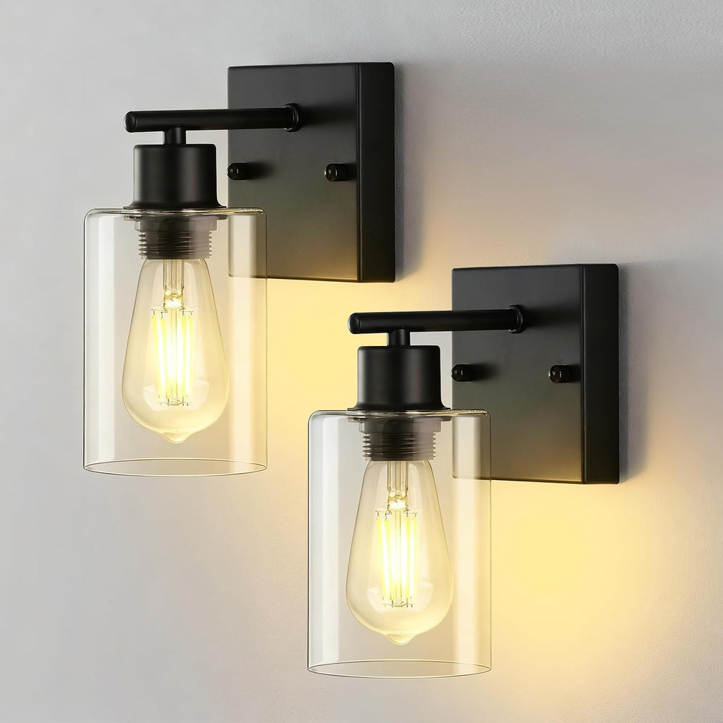 Apliques de pared (paquete de 2) para baño, luces de tocador en negro mate, aplique de pared moderno con pantalla de vidrio transparente, faroles de iluminación de pared estilo granja, lámparas de pared para espejo, sala de estar, dormitorio, pasillo.