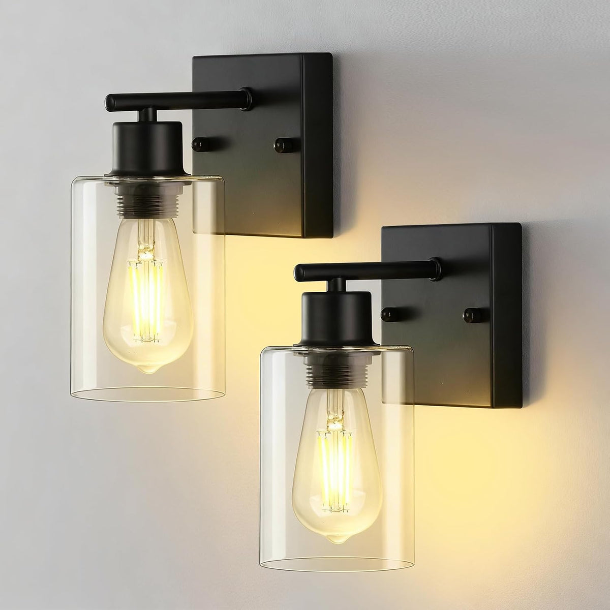 Apliques de pared (paquete de 2) para baño, luces de tocador en negro mate, aplique de pared moderno con pantalla de vidrio transparente, faroles de iluminación de pared estilo granja, lámparas de pared para espejo, sala de estar, dormitorio, pasillo.