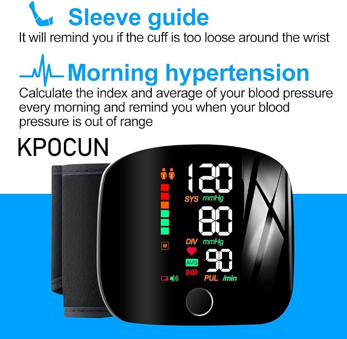 Monitor de presión arterial Máquina de muñeca automática Pantalla retroiluminada grande Detector de presión arterial con brazalete ajustable Transmisión de voz con estuche de transporte