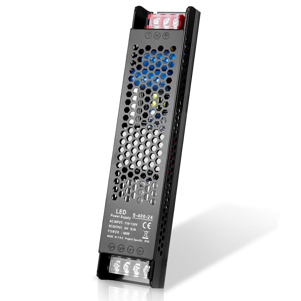 Controlador LED PZETCEIR 24V 400W 16.7A Fuente de alimentación LED delgada, adaptador de CA 110V a CC 24V, transformador LED de voltaje constante para tiras de luces, bombillas, luces de jardín y de armarios