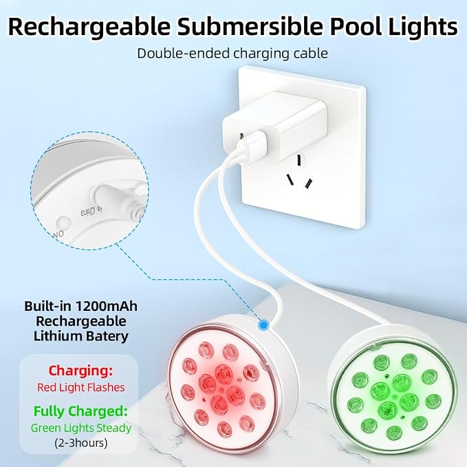 Luces LED Sumergibles, 2 Piezas Luces Piscina Recargable con Mando, Impermeable IP68