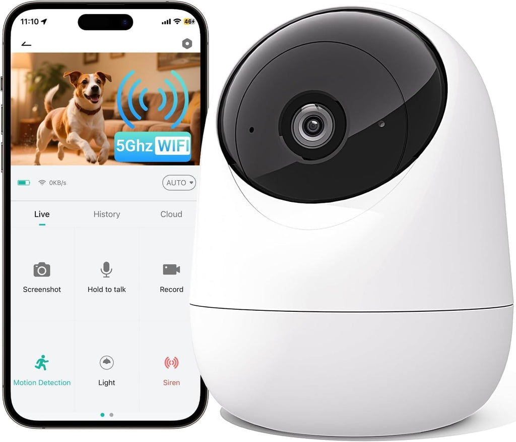 Cámara de seguridad interior Raycom 2K para monitor de bebé, WiFi 5G y 2.4G, cámara con movimiento horizontal y vertical, detección de sonido, detección de movimiento, audio bidireccional, sirena, visión nocturna, almacenamiento en la nube y tarjeta SD