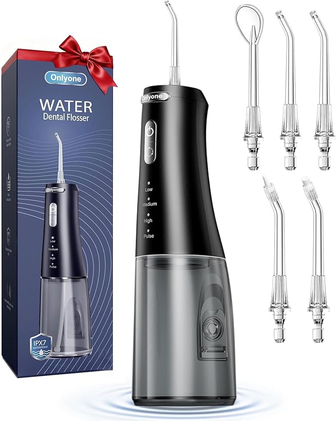 Onlyone Irrigador de agua inalámbrico recargable con presión de agua ajustable para el cuidado bucal diario, irrigador dental eléctrico para uso doméstico y de viaje, irrigador oral portátil para cuidado de encías sensibles y aparatos ortopédicos