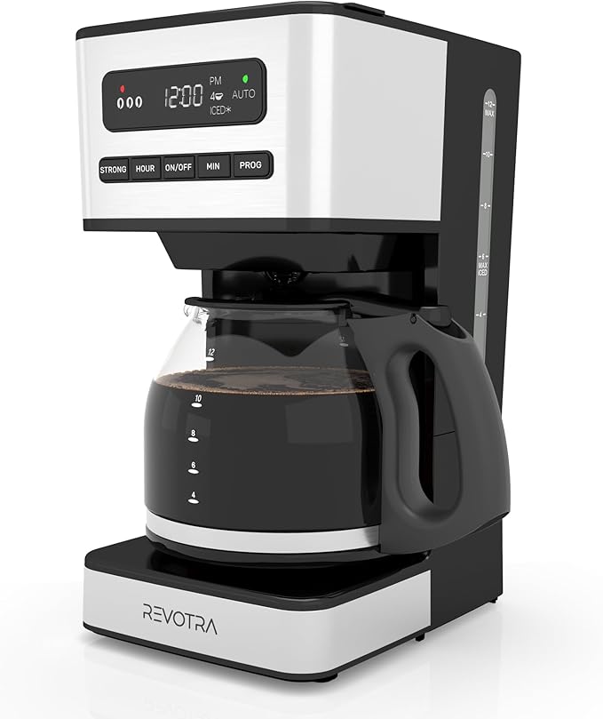Cafetera Programable REVOTRA 12 Tazas | Café Regular, Fuerte y con Hielo | Timer 24H | Apagado Automático