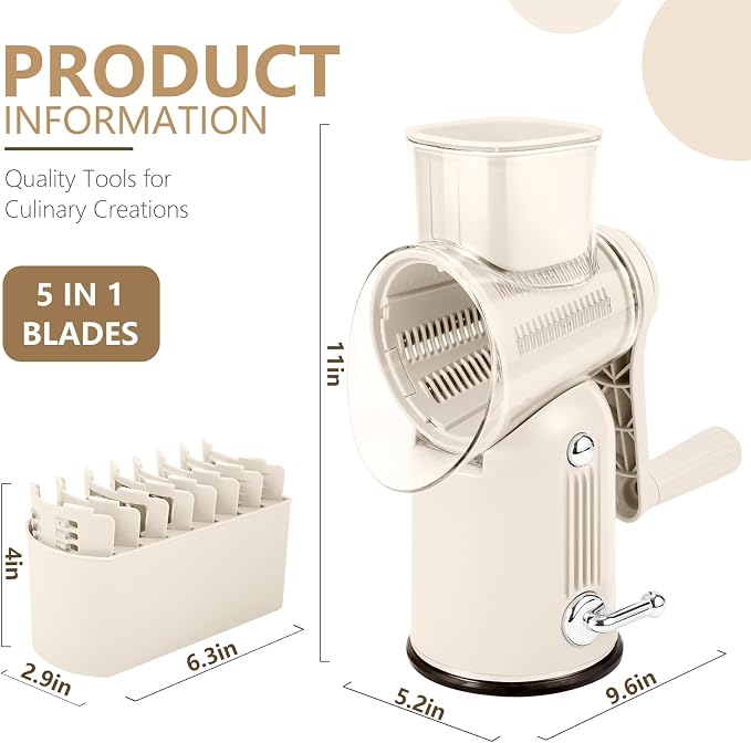 Rallador de Queso Giratorio 5 en 1 con Manivela — Base de Succión, Caja de Cuchillas, Color Blanco