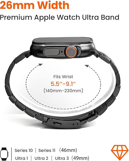 Correa de titanio compatible con Apple Watch Ultra 3 y Ultra 2. 1 correa ancha de metal de 49 mm a 26 mm para Apple Watch Ultra con revestimiento DLC resistente a los arañazos para hombre - Serie empresarial CRNS01
