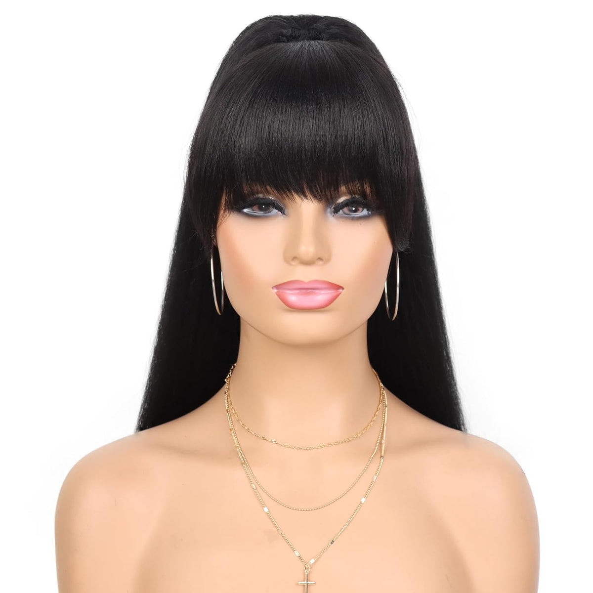 Extensión Cola Caballo Cordón G&T Wig Yaki 61 cm Recta con Flequillo, Para Mujeres Negras Uso Diario