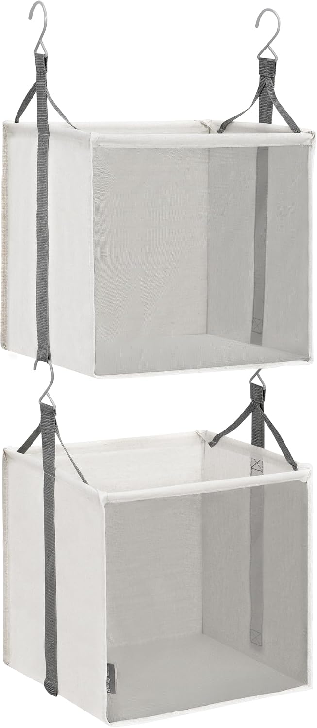 Organizador Armario Colgante 2 Repisas STORAGE MANIAC, Repisa Tela Armario Colgante, Cestas Armarios Colgantes con Ganchos para Dormitorio, Apartamento, Recámara, Universidad, Perchero, Guardarropa, Tela Malla, Marfil