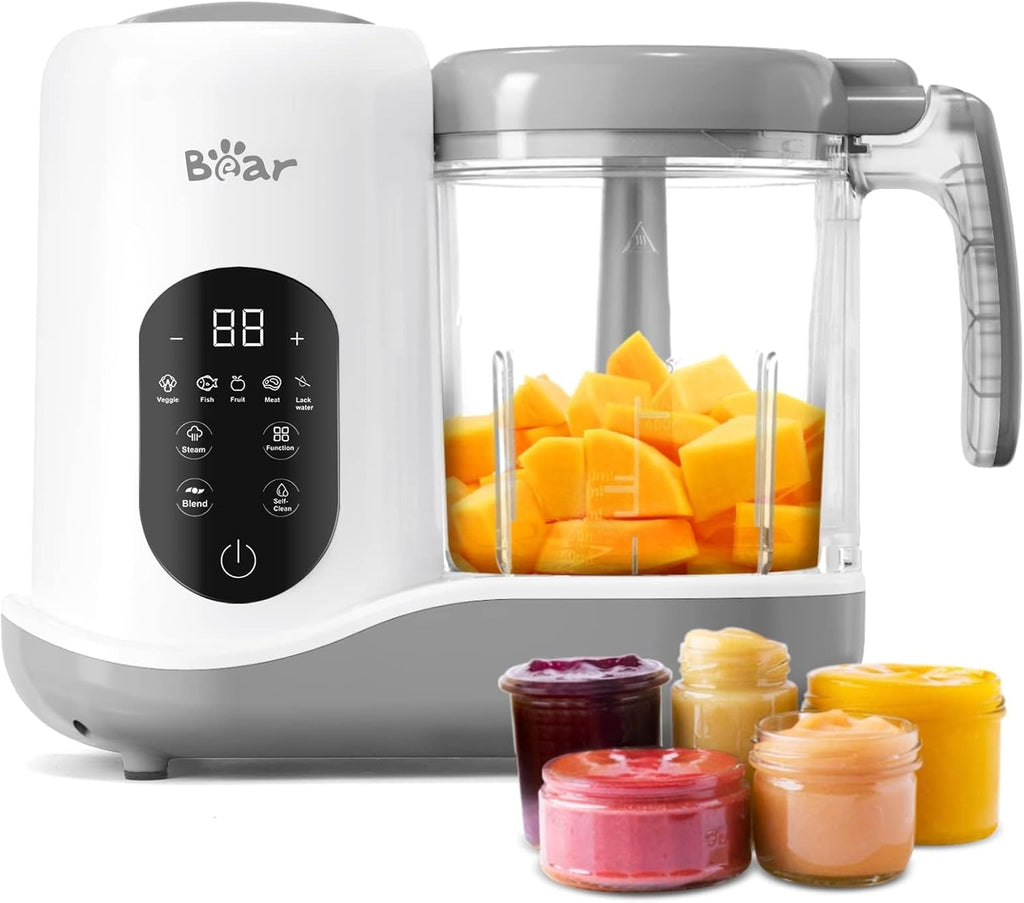 Procesador Comida Bebé BEAR 2024, Vaporizador Licuadora Puré Un Paso, Cocción Molienda Automática, Autolimpiable, Pantalla Táctil, Blanco