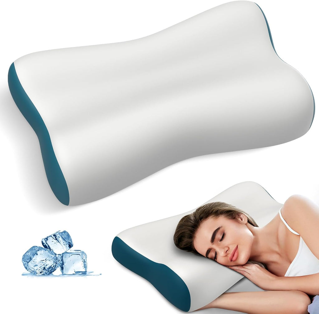 Almohada cervical para aliviar el dolor, almohadas ergonómicas de espuma viscoelástica contorneadas, almohada ortopédica refrescante, almohada de cama, soporte para el cuello para personas que duermen de lado, boca arriba o boca abajo (gris y azul).
