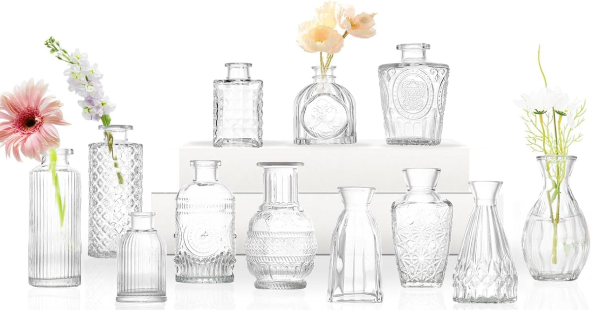 Set de 12 Floreros de Boton de Vidrio | Jarrones Pequenos para Centros de Mesa | Mini Vaso Vintage para Boda, Decoracion del Hogar, Navidad y Fiestas | Transparente