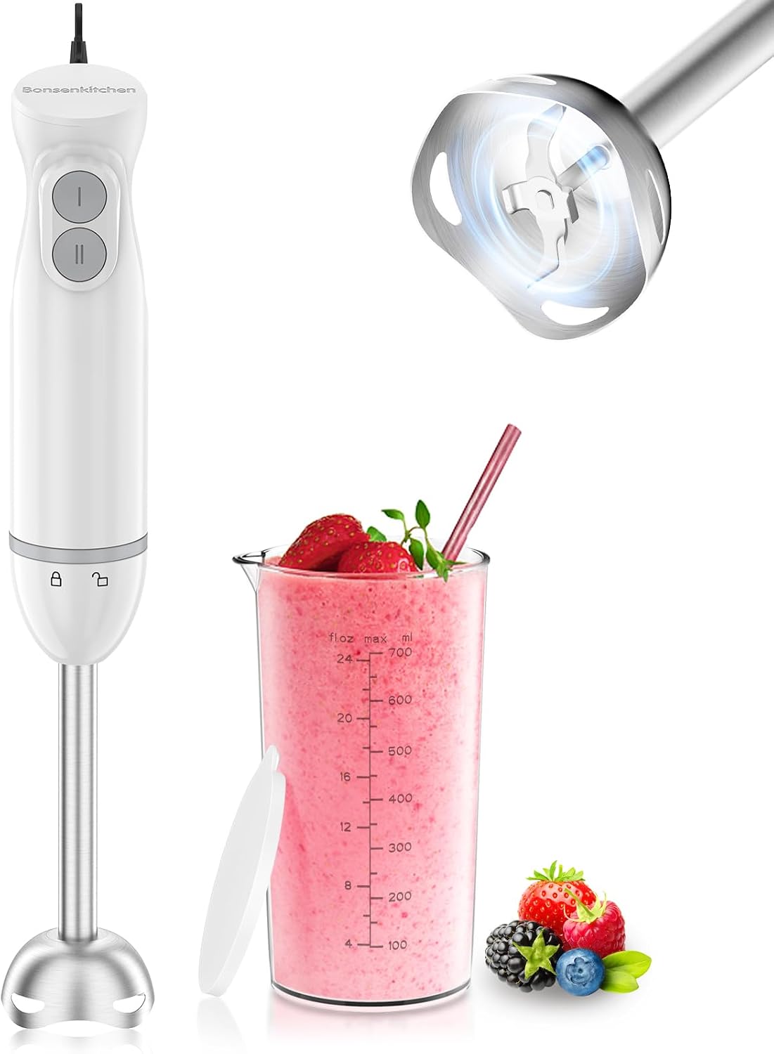 Batidora de mano Bonsenkitchen, batidora de inmersión con 2 velocidades, batidora de mano 2 en 1 con vaso medidor para sopas, batidos y salsas, color blanco.