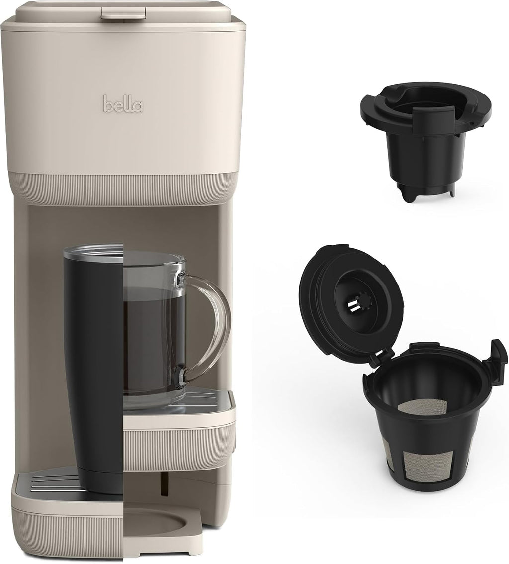 Cafetera BELLA de una sola porción, compatible con cápsulas K-Cup y café molido, con bandeja de goteo extraíble y ajustable, apagado automático y accesorios reutilizables aptos para lavavajillas. Prepara de 177 ml a 414 ml. 1000 vatios. Ideal para