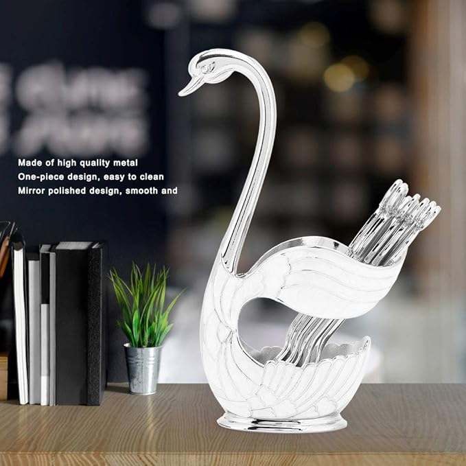 Watris Veiyi Juego de 6 cucharas pequeñas de acero inoxidable con base de cisne para café, pastel, postre, helado, té (plateado)
