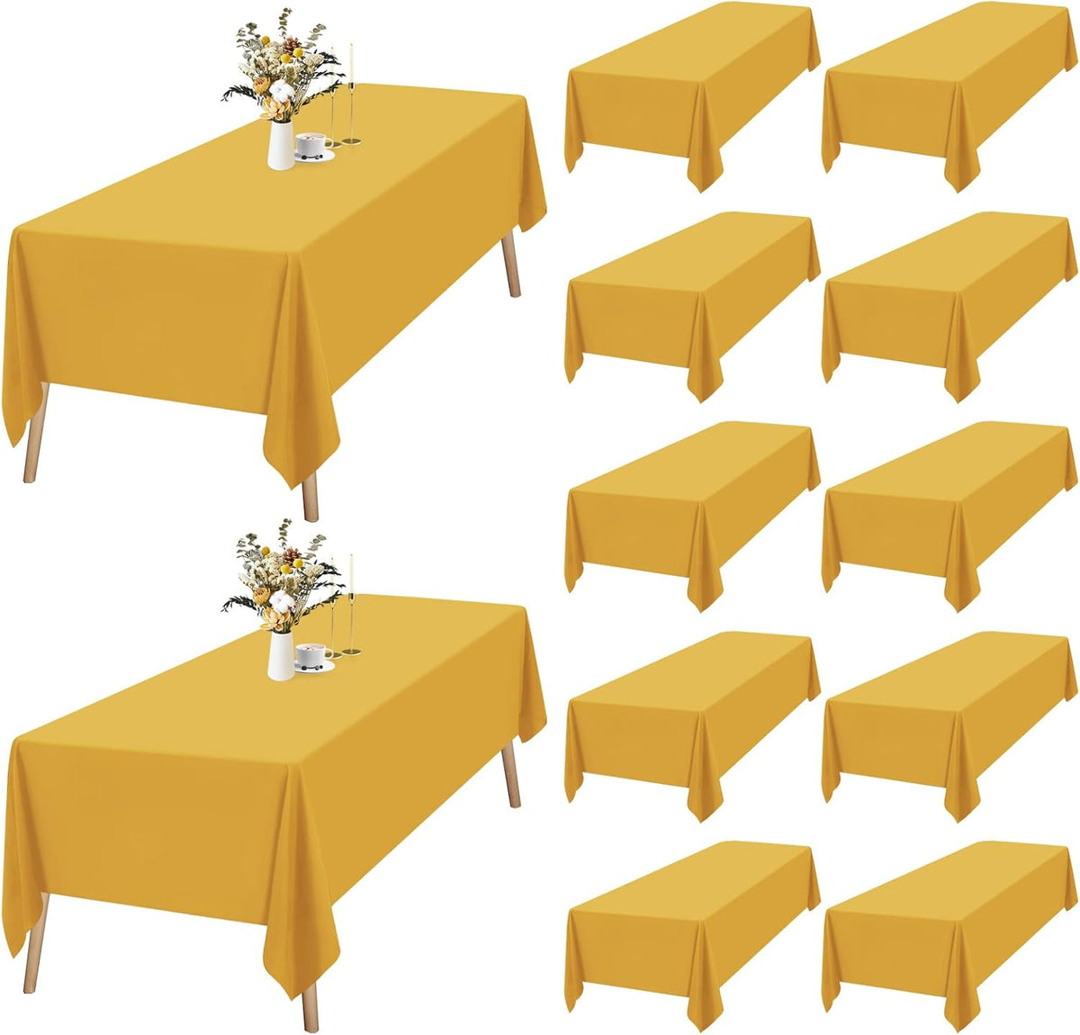 Manteles Dorados Teruntrue (12 Pack) 90" | Impermeables | Poliéster Resistente a Manchas y Lavable | Para Bodas, Fiestas, Buffet y Camping