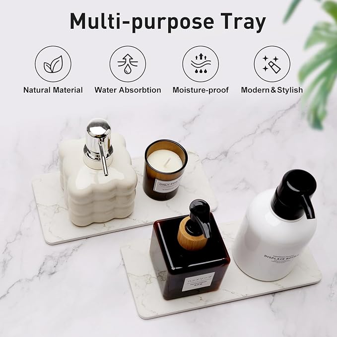 2 bandejas absorbentes de piedra para encimera de baño y fregadero de cocina, mármol blanco, rectangulares, de secado rápido, con base antideslizante.