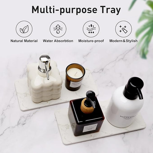 2 bandejas absorbentes de piedra para encimera de baño y fregadero de cocina, mármol blanco, rectangulares, de secado rápido, con base antideslizante.