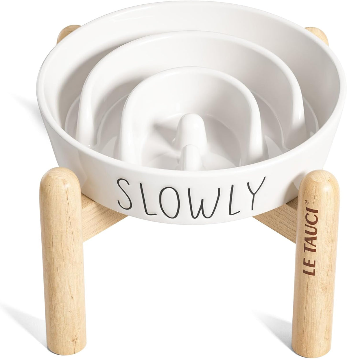 Comedero de cerámica elevado para perros LE TAUCI PET - Comedero tipo rompecabezas de 0,6 tazas con soporte de madera para razas pequeñas, color blanco.