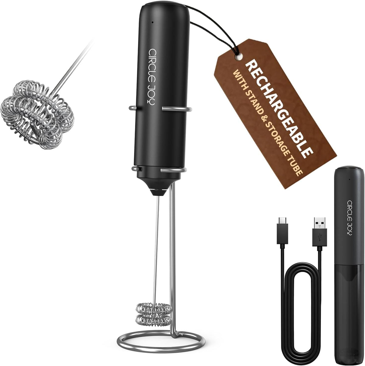 Espumador de leche recargable CIRCLE JOY de mano con soporte, espumador de café eléctrico con cabezal batidor de doble bobina, batidor de mano portátil para matcha, lattes y capuchino, regalos de cocina, negro