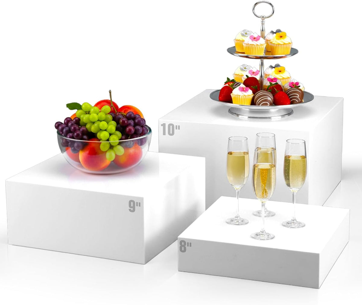 Meyeyaia 3 Piezas Bases Elevadoras de Acrilico Blanco para Buffet | 10, 9 y 8 pulgadas | Cajas Anidables para Fiestas, Postres y Exhibicion
