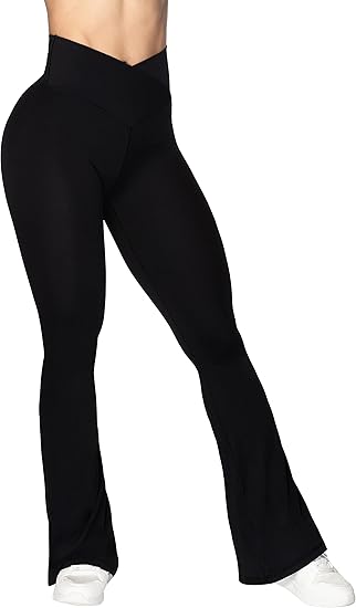 Talla S - Sunzel - Leggings acampanados, pantalones de yoga cruzados con control de abdomen, cintura alta y piernas anchas