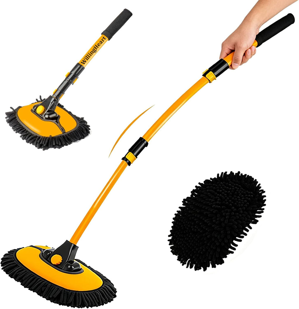USADO-Cepillo Curvo WillingHeart para Lavar Auto 15 Grados | Mango Largo Telescopico 43 Pulgadas | Mopa de Microfibra 2 en 1 para Auto, SUV, RV y Bote | Amarillo