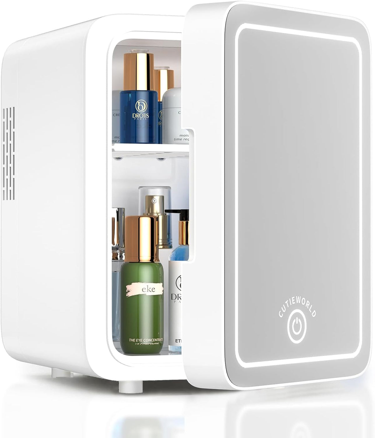 Mini Refrigerador para Skincare CUTIEWORLD 4L con Espejo LED Regulable | Frío y Calor | Portátil para Recámara, Auto, Oficina y Dormitorio | Blanco
