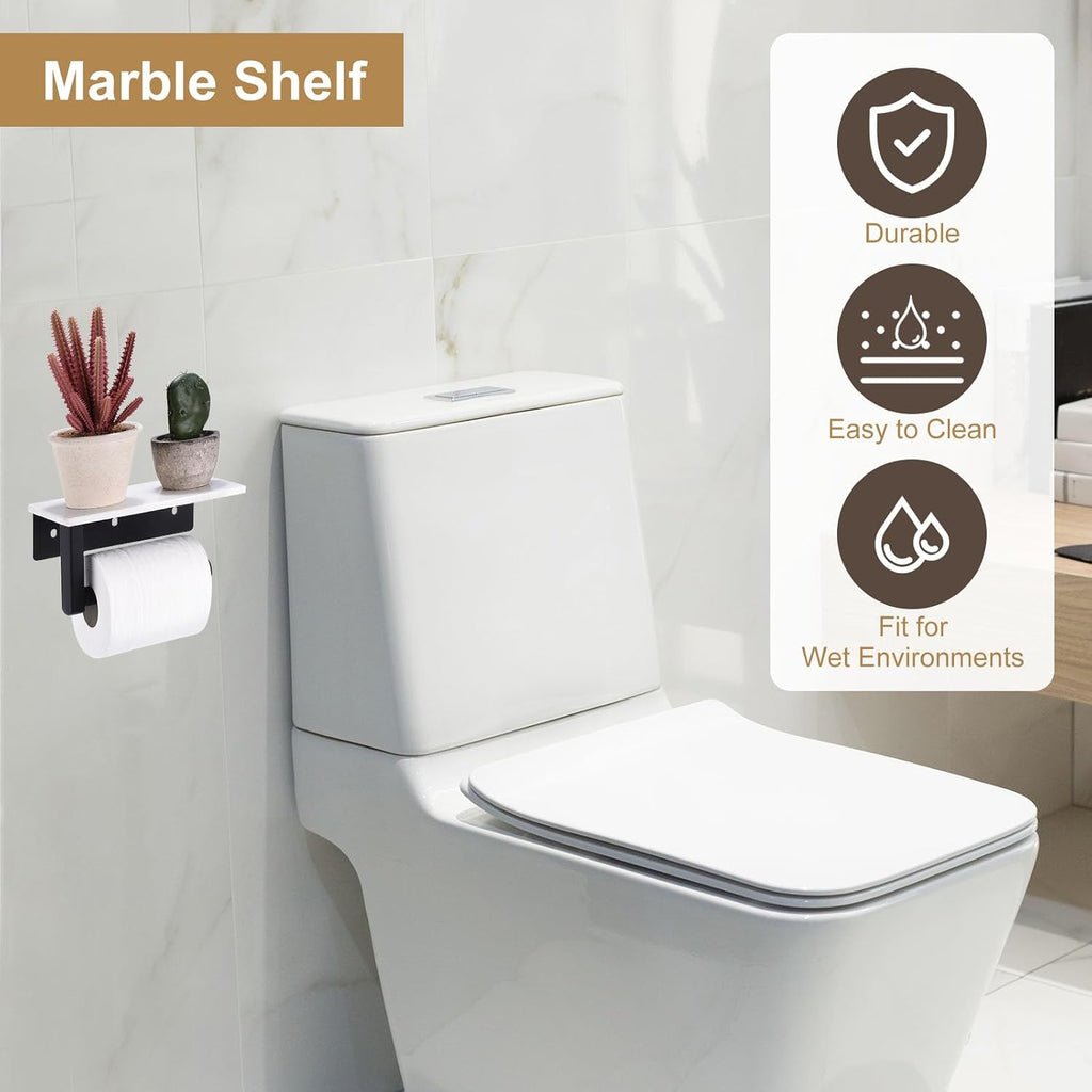 Soporte de papel higiénico con estante de mármol, soporte de papel higiénico montado en la pared de acero inoxidable para baño, soporte de papel higiénico con parte superior de mármol