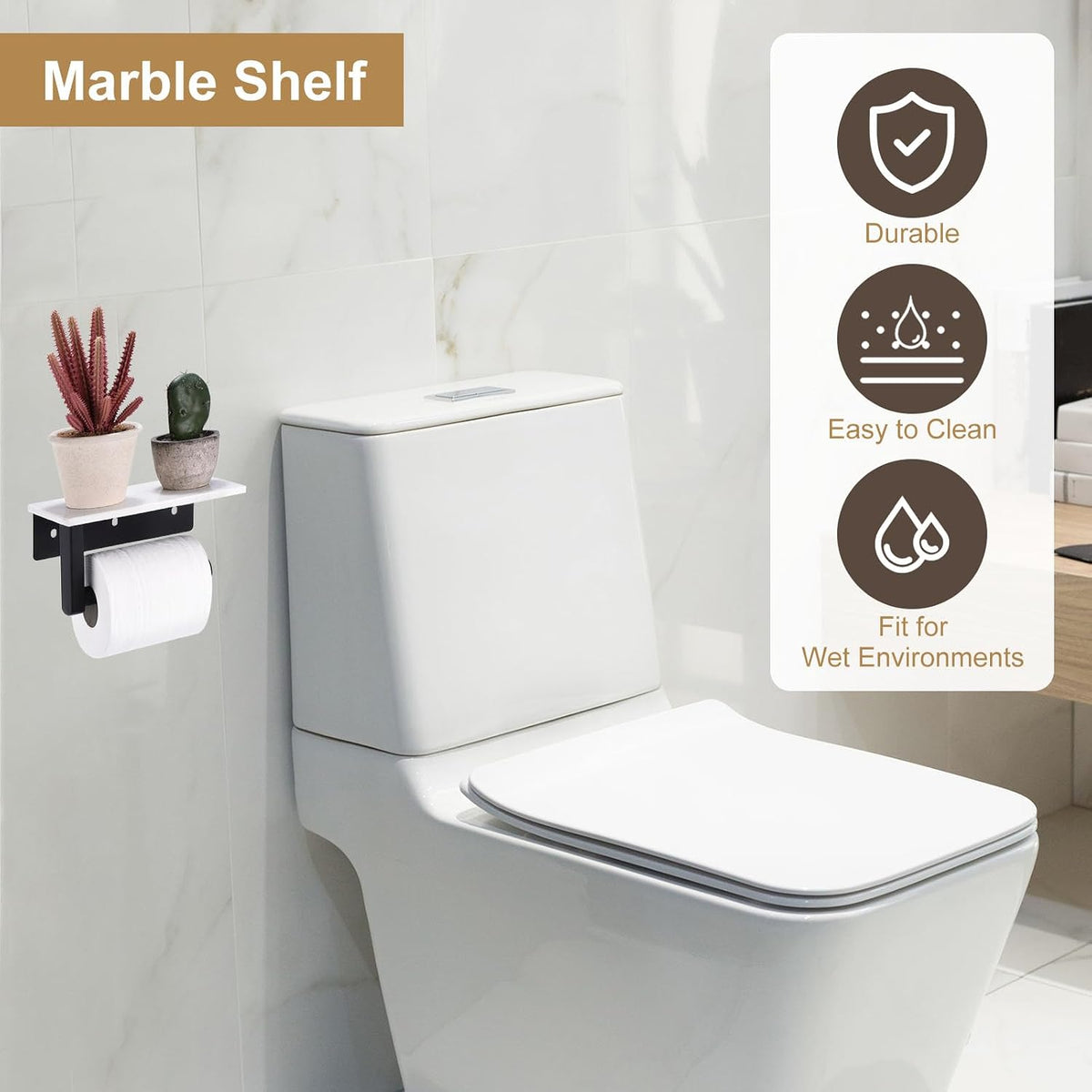 Soporte de papel higiénico con estante de mármol, soporte de papel higiénico montado en la pared de acero inoxidable para baño, soporte de papel higiénico con parte superior de mármol