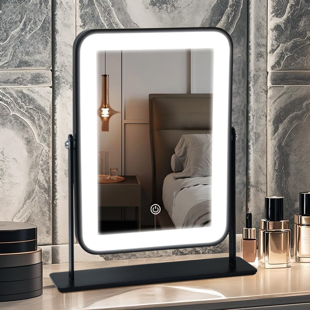 Espejo de tocador portátil YEKKOPT con luces, negro, recargable, pequeño, espejo de maquillaje con luces, mini espejo para dormitorio, pantalla táctil con iluminación de 3 colores, regulable, para mesa, dormitorio, baño.
