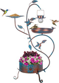 dreamysoul Bebedero de Aves de Metal para Exterior | Con Maceta y Comedero | Baño de Aves de Jardín Azul con Luces Solares