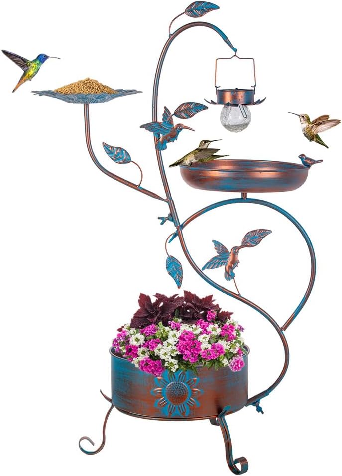 dreamysoul Bebedero de Aves de Metal para Exterior | Con Maceta y Comedero | Baño de Aves de Jardín Azul con Luces Solares